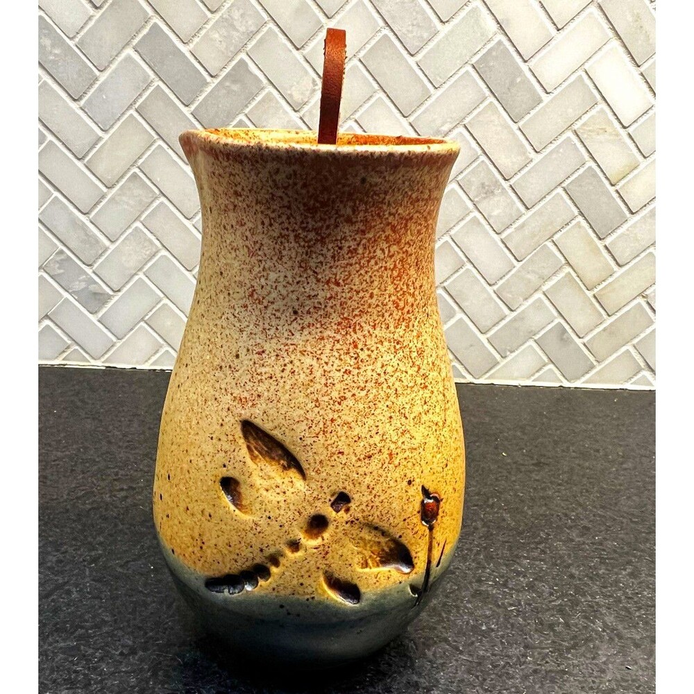 Signed Studio Pottery Ceramic Vase Beige Speckled Textured Cutout Design